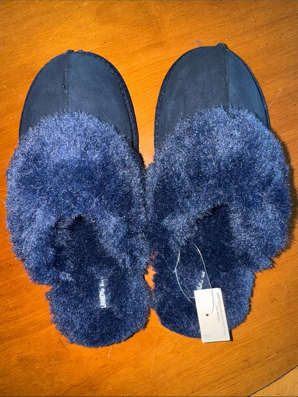 Lands' End Navy Fuzzy Slide Slippers NWT